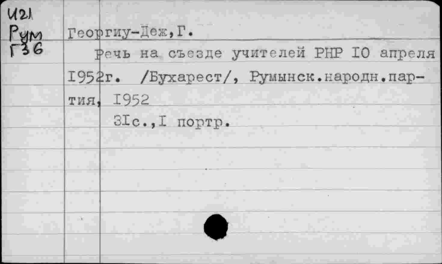 ﻿U2 Pu	À м	Гео]	>гиу-Деж, Г.
г?		1	>ечь на съезде учителей РНР 10 апреля
		195;	>г. /Бухарест/, Румынок.народа.пар-
		т ИЯ,	1952		
			31с.,I портр.
			
			
			
			
			
			
			